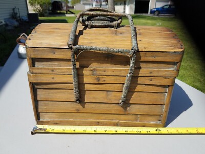 Antique Wood Sewing Basket / Travel Case w/ Handles & Cover Mini Trunk