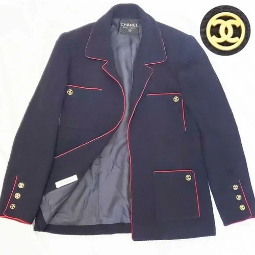 CHANEL Boutique Navy Wool Boucle Blazer LOUD CUT-OUT Logo Buttons 6-8