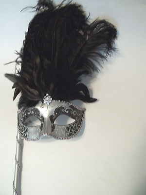 Silver Black Stick Venetian Masquerade Mardi Gras Feather Mask