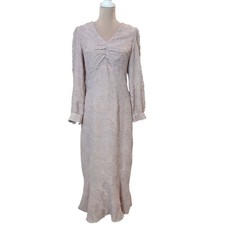 Elegant V Neck Long Sleeve Textured Maxi Dress Blush Pink Romantic Regency Large