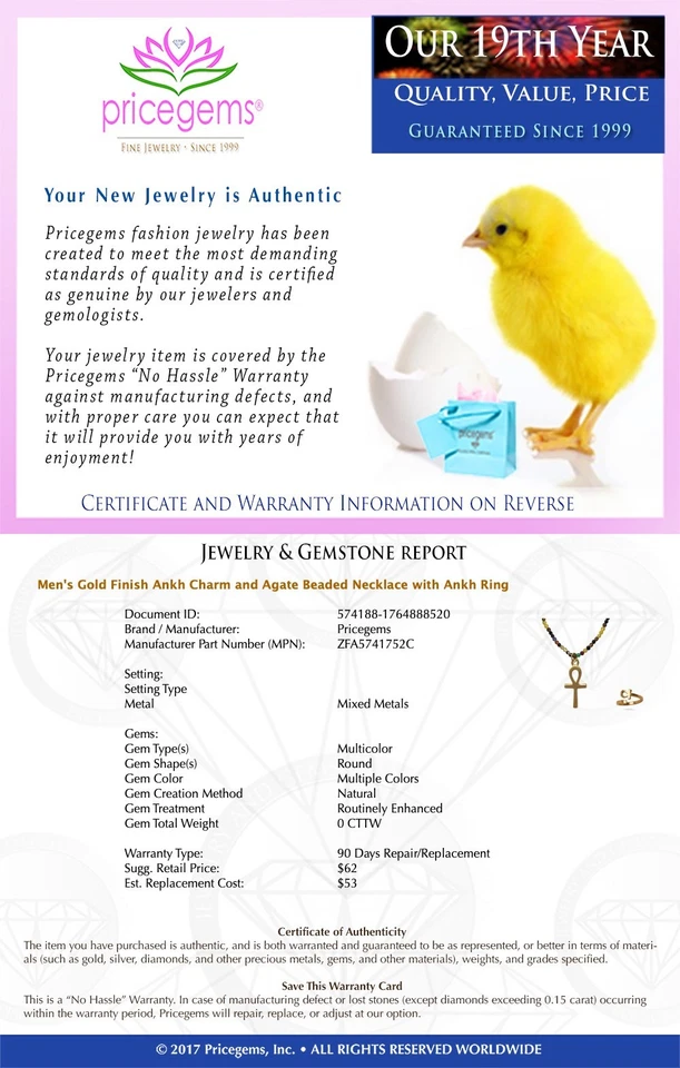 Dije Ankh enchapado en oro amarillo y collar de cuentas de ágata con anillo Ankh Foto 2 de 4