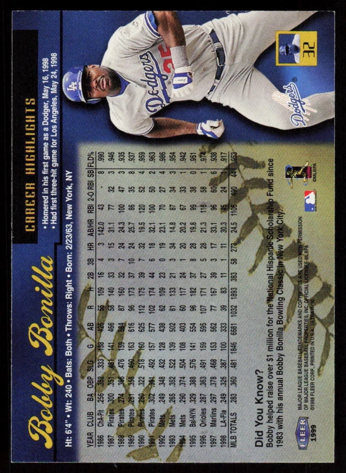 1999 Ultra Bobby Bonilla #32 BASEBALL Los Angeles Dodgers - Image 2 of 2
