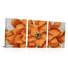  3 Pieces Orange and Gold Flowers Painting Canvas Wall Art Decor Giclee Prints 