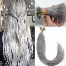 Nano Ring Human Hair Extensions Nano Micro Beads Link Remy Hair Silver Gray 18in