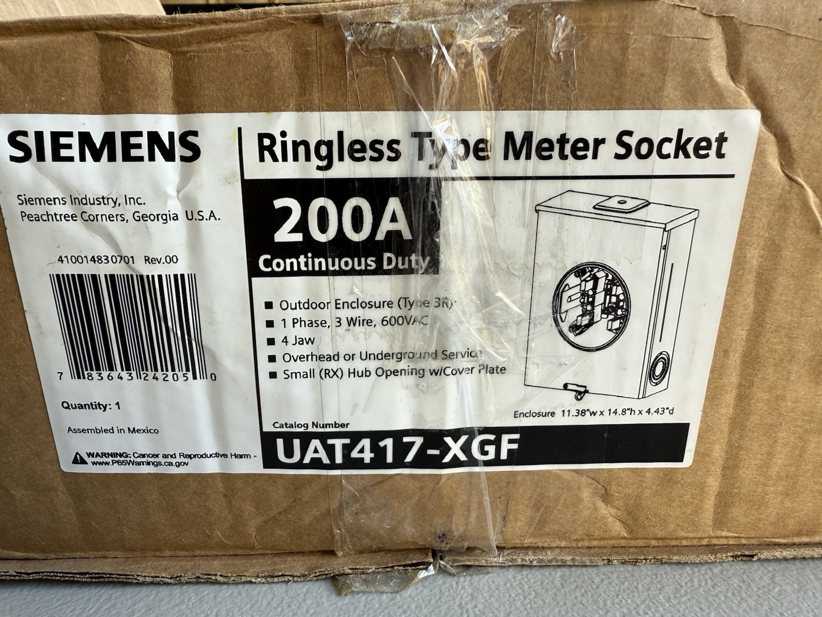 Siemens UAT417-XGF Ringless Type Meter Socket 200 Amp Continuous Duty