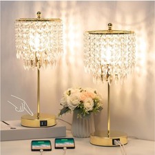 Crystal Table Lamp Set of 2, 3-Way Dimmable Nightstand Lamp with 2 USB Chargi...