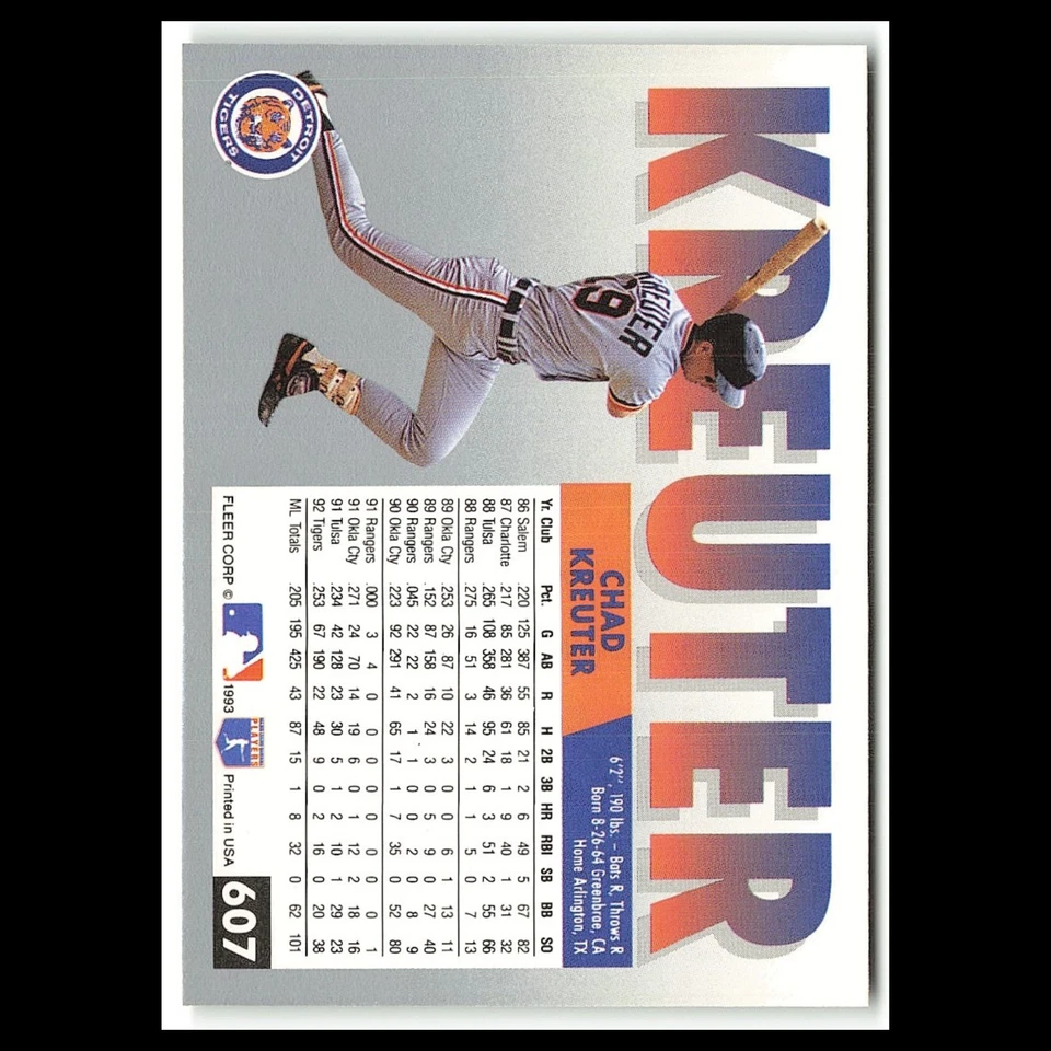 Chad Kreuter #607 1993 Fleer Detroit Tigers Baseball Card MLB NM - Image 2 of 3