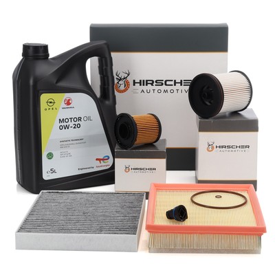 HIRSCHER Filterset 4-tlg + 5L ORIGINAL 0W20 Motoröl für OPEL ASTRA K 1.5 CRDi