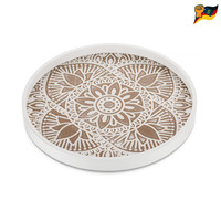 Holztablett Deko Rund 30Cm Weiß Maserung Boho Shabby Kerzentable