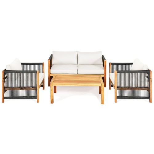 Patiojoy 8PCS Wooden Patio Furniture Set Cushioned Sofa W/Rope Armrest White - Picture 10 of 10
