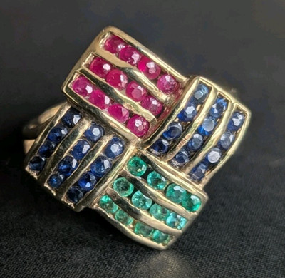 Ring 9 kt Gold Multi Edelstein Saphir Rubin Smaragd Größe K 1/2