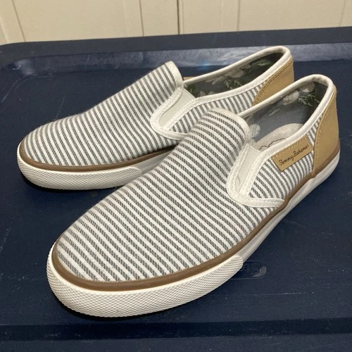 Tommy Bahama Blue White Striped Canvas Slip on Boat Shoes Womens Size 8