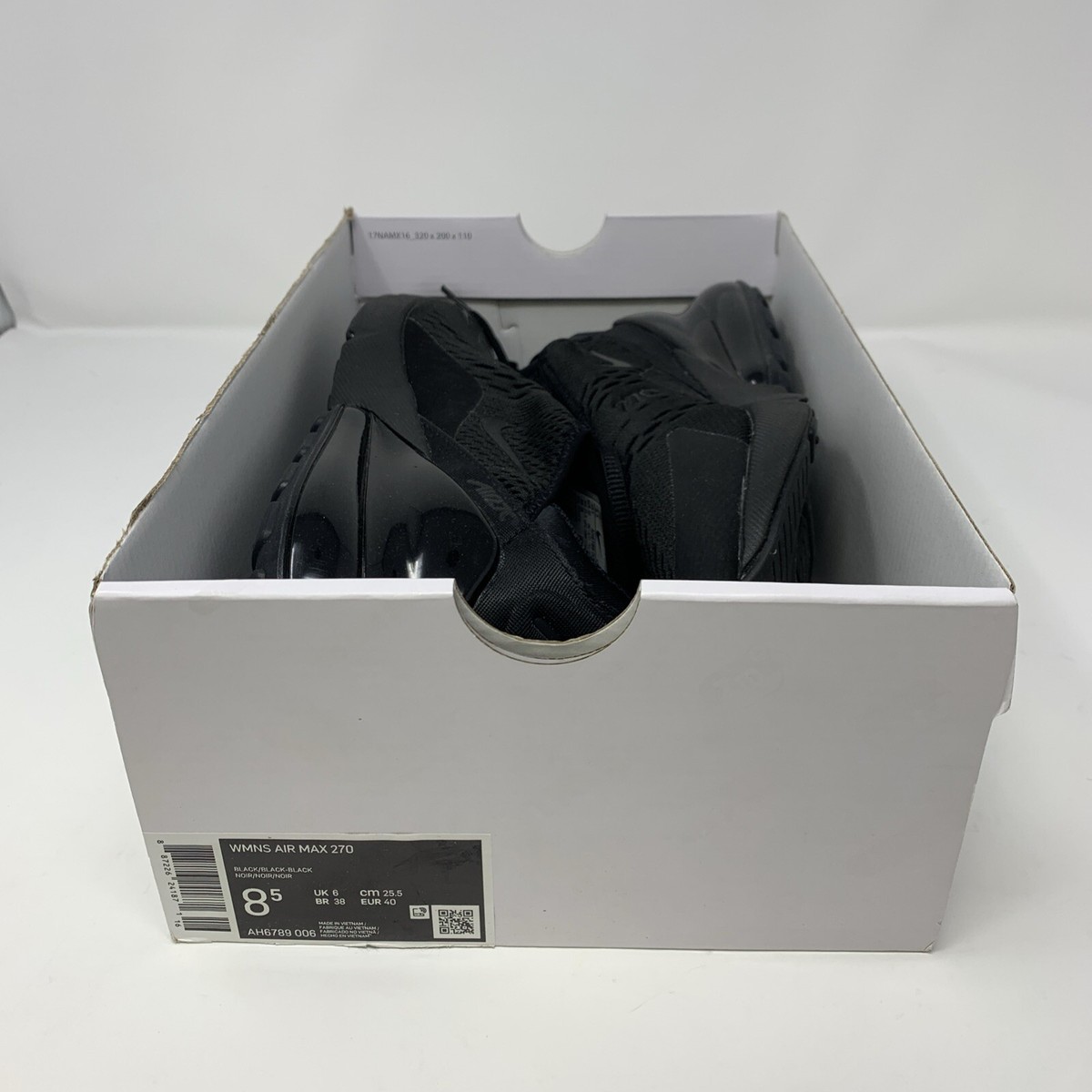 Nike Air Max 270 Triple Black Sneakers, Size 8.5 BNIB AH6789