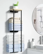 2 Tier Wall Towel Rack with Wood Shelf Bathroom Organizer Metal Storage Holder