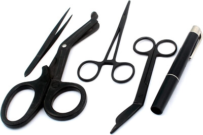 5 Black EMT/ Paramedic Tools Kit Scissors Forceps Shears Penlight with Holster