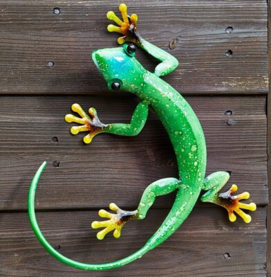 Garten Wandbild - grüner Gecko Smaragd - handbemalte Eidechse