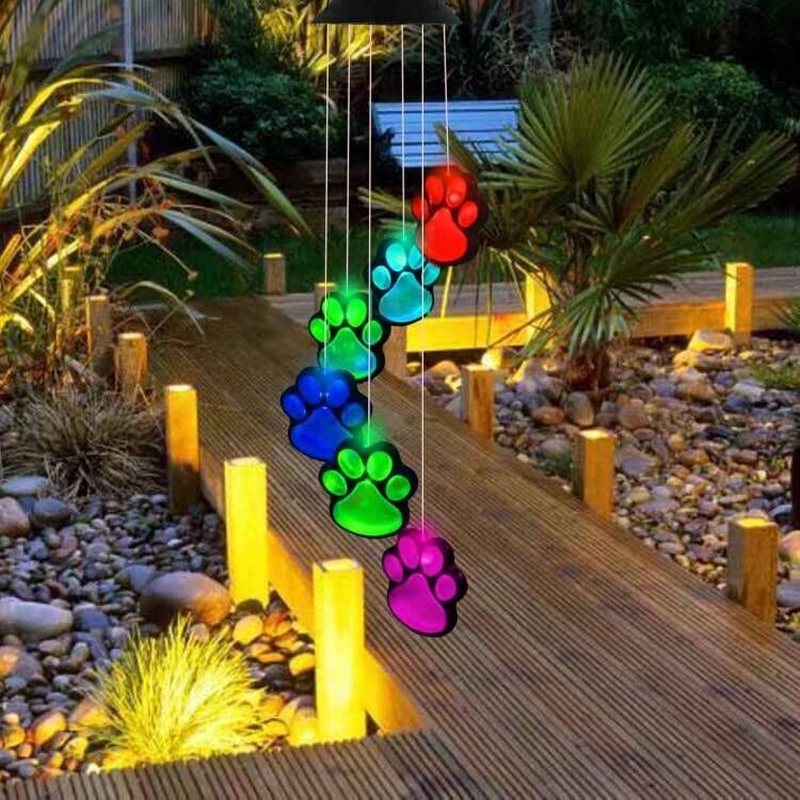 Paw Print Solar Wind Chimes Color Changing Outdoor Paw Print Solar