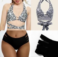 Women's Gothic Stretchy Skull Heart Bikini Halter Set Medium