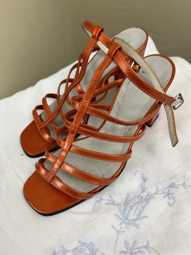 VINTAGE 1990s bright orange leather heeled strappy sandals 38 shoes open toe - Picture 9 of 20