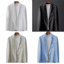 Men Casual Cotton Linen Blazer Retro Two Button Suit Formal Business Jacket Coat