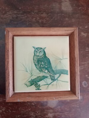 Vintage Rustic Owl Art tile Artist E. Rambow Unique wood Framed 5.5''