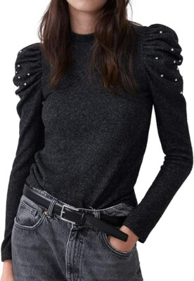Zara Soft-touch sweater sweatshirt puff sleeves Gray studded 5039/926/922 MEDIUM