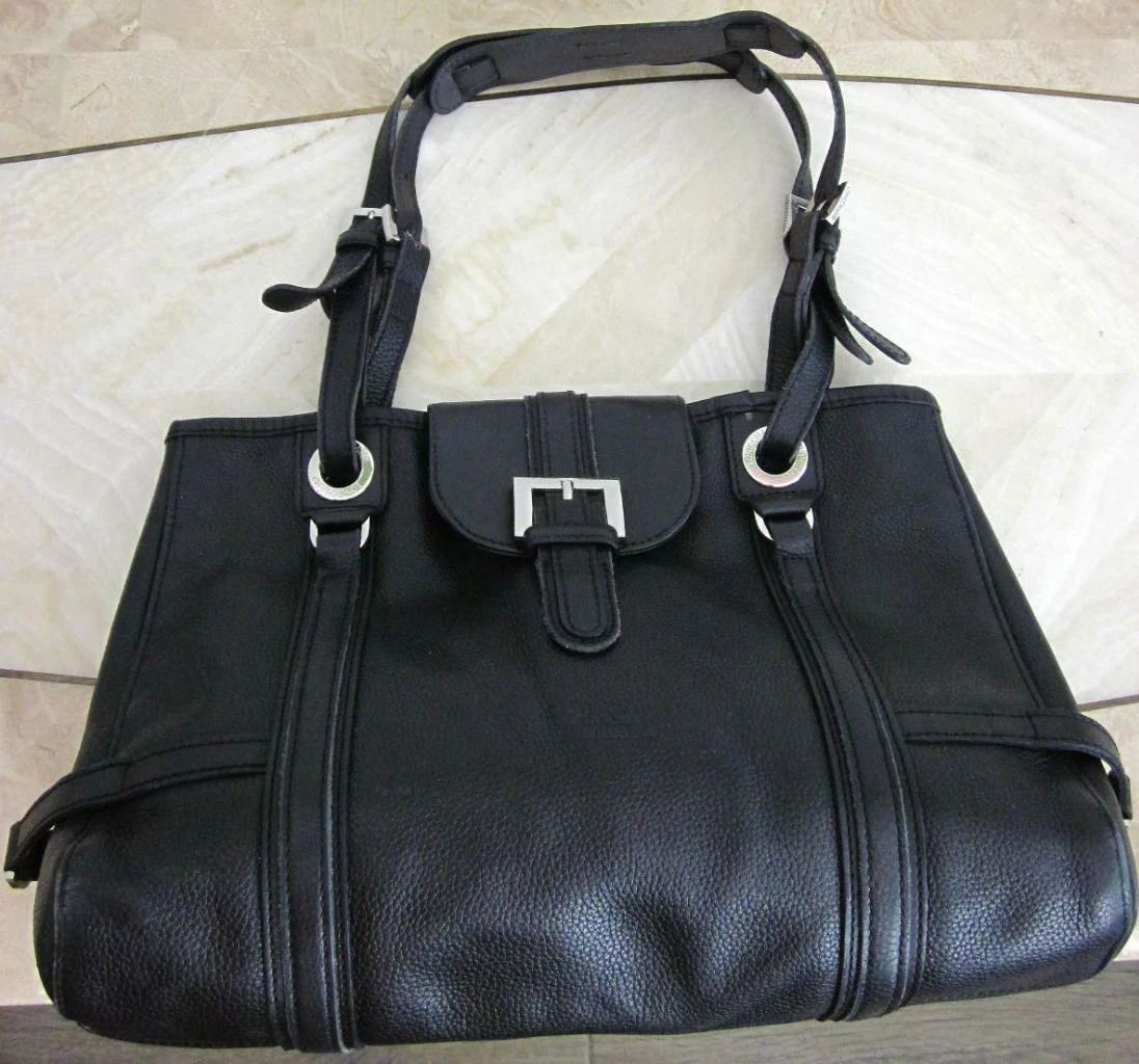 Longchamp Paris 1948 Black Double Handle Satchel Pebble Leather Purse Silverware