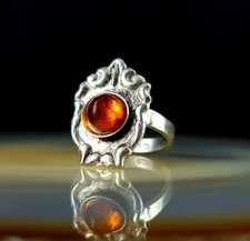 Ring 800 Silver Amber 17 mm - Unusual & Older Silver Anello