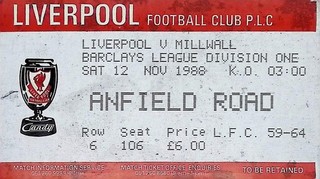 Liverpool v Millwall 1988 1989 Division One Ticket 12/11/1988