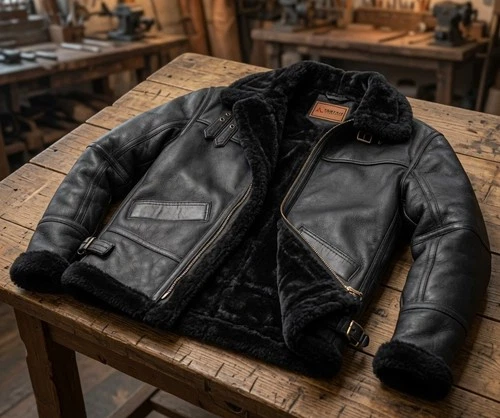 Mens B3 Black Bomber Real Shearling Sheepskin Aviator Flight Leather Jacket USA image 7