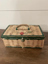 Vintage 1950s Woven Straw Sewing or Jewelry Box Green Trim Made in Japan Unique