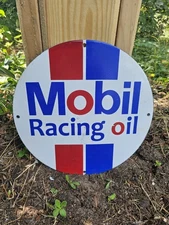 VINTAGE MOBIL RACING OIL GASOLINE PORCELAIN SIGN GAS STATION PUMP PLATE 12"