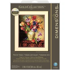 Gold Collection Counted Cross Stitch Kit, Parrot Tulips, 14 Count Black Aida,...