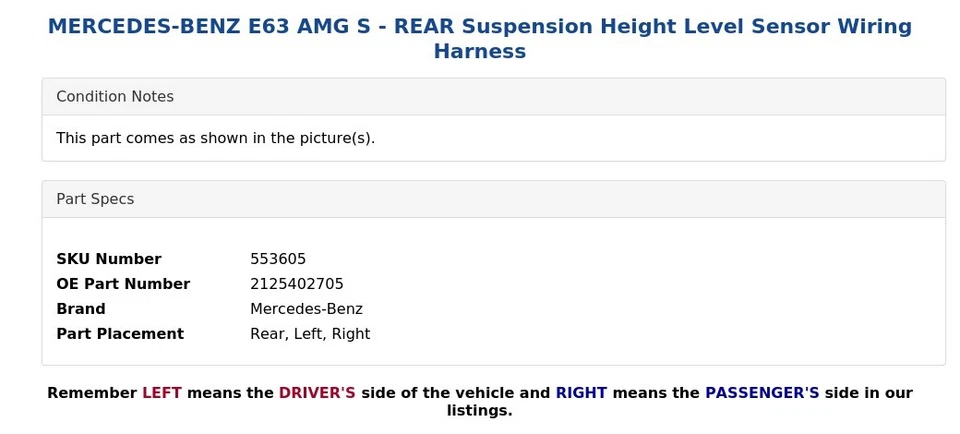 MERCEDES-BENZ E63 AMG S - Arnés de cableado sensor de nivel de altura de suspensión trasera Foto 3 de 4