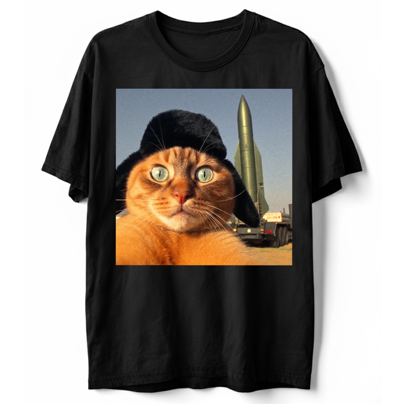 Cat selfie t-shirt funny orange cat missile ushanka hat scared anxious meme tee