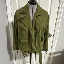 We The Free Womens Green Canvas Moto Biker Jacket Zip Belted Pockets XS