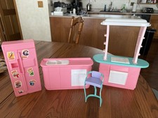 VTG Barbie Kitchen Playset 1990 Refrigerator Stove Sink Oven Chair lot