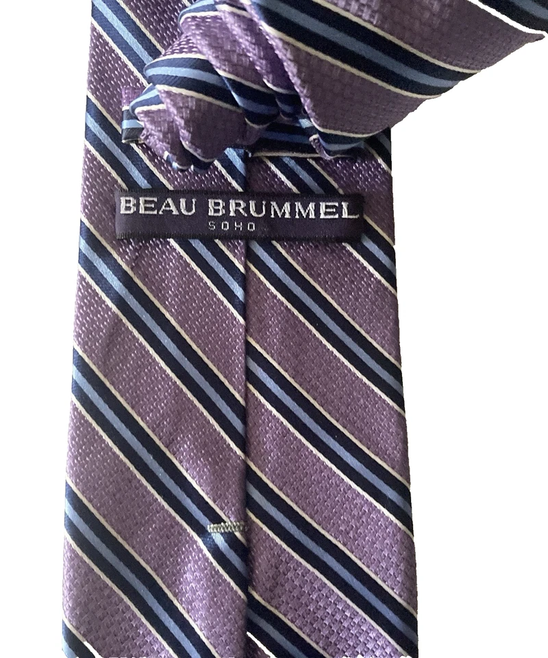 BEAU BRUMMELL 男式浅勃艮第提花 Rep 条纹海军蓝金色白色丝绸领带 — 第 4/4 张图片