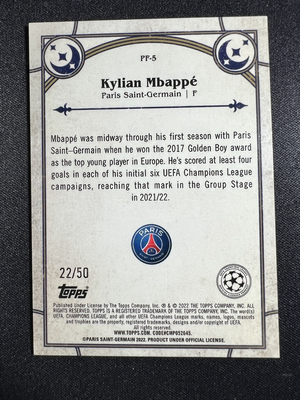 2021-22 Topps Merlin Chrome Kylian Mbappe PSG France Prophegy Fulfilled Gold /50 view 2