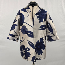 Chico's Travelers Jacquard Floral Jacket Women's M Blue Casa Open Front NWT