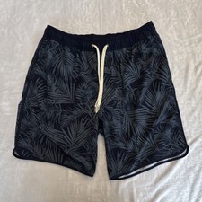 Fair Harbor Men's Swim Shorts Leaf Print Navy Gray Size L Elastic Waist Lined