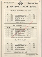 ROUTE 110 LONDON TRANSPORT PANEL BUS TIMETABLE OCT 1933
