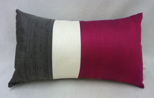 RAW SILK PILLOW COVER GRAY CREAM FUCHSIA PINK RECTANGLE 18" X 9" JR DECOR TAG