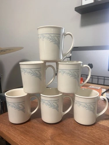 Vintage Corelle Corning Blue Lily Beige Coffee Tea Mugs Cups - Set of 6