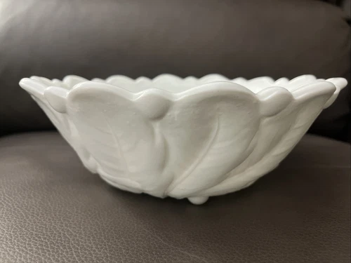Vintage Milk Glass Textured Floral Scalloped Footed Fruit Bowl