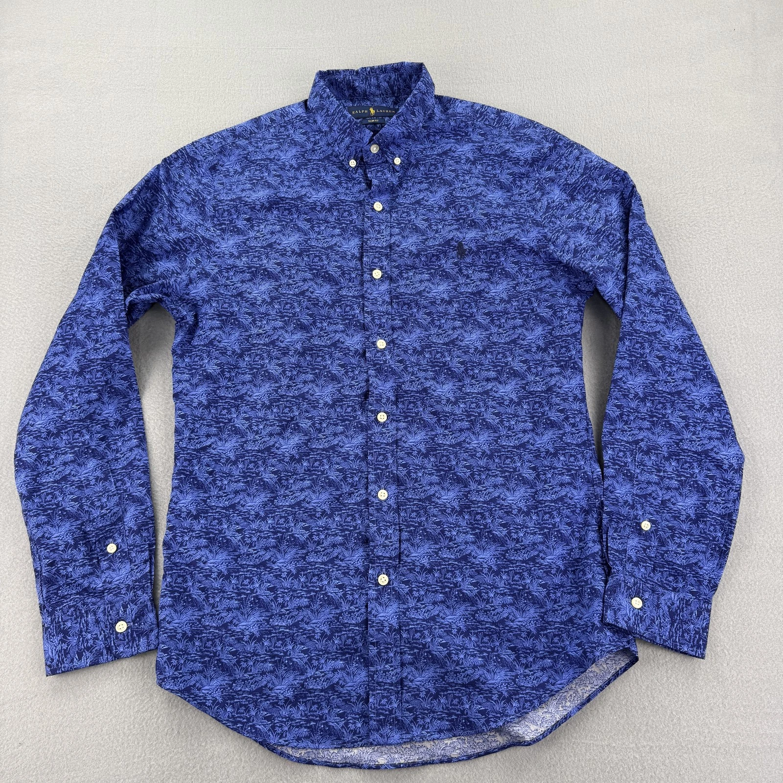 Ralph Lauren Shirt Mens Medium Blue Tropical Print Slim Fit Button Down Cotton