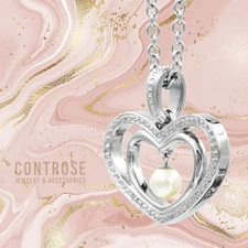 Double Heart Pendant Necklace with Freshwater Pearl Necklace by Controse