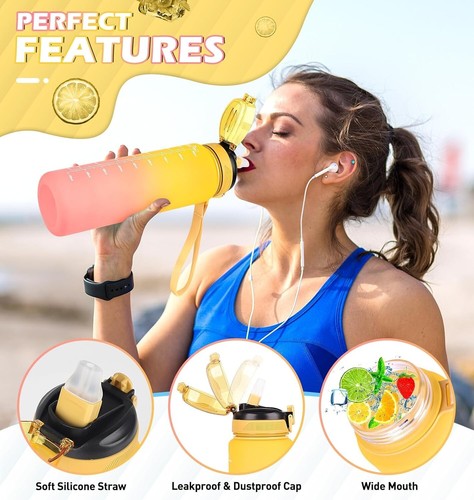 Water Bottle Time Marker 1L Extra Large Motivational Gym Sport Bottle With Straw - Picture 4 of 6
