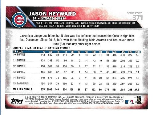 2016 Topps Rainbow Foil Jason Heyward #371 Chicago Cubs - Bild 2 von 2