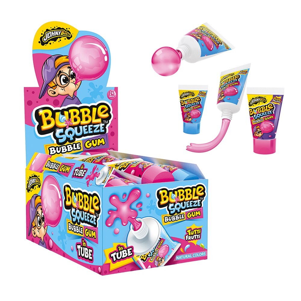 JohnyBee Bubble Squezee Bubble Gum Tubetti da Spremere Gusto Fruttato gr.30x24